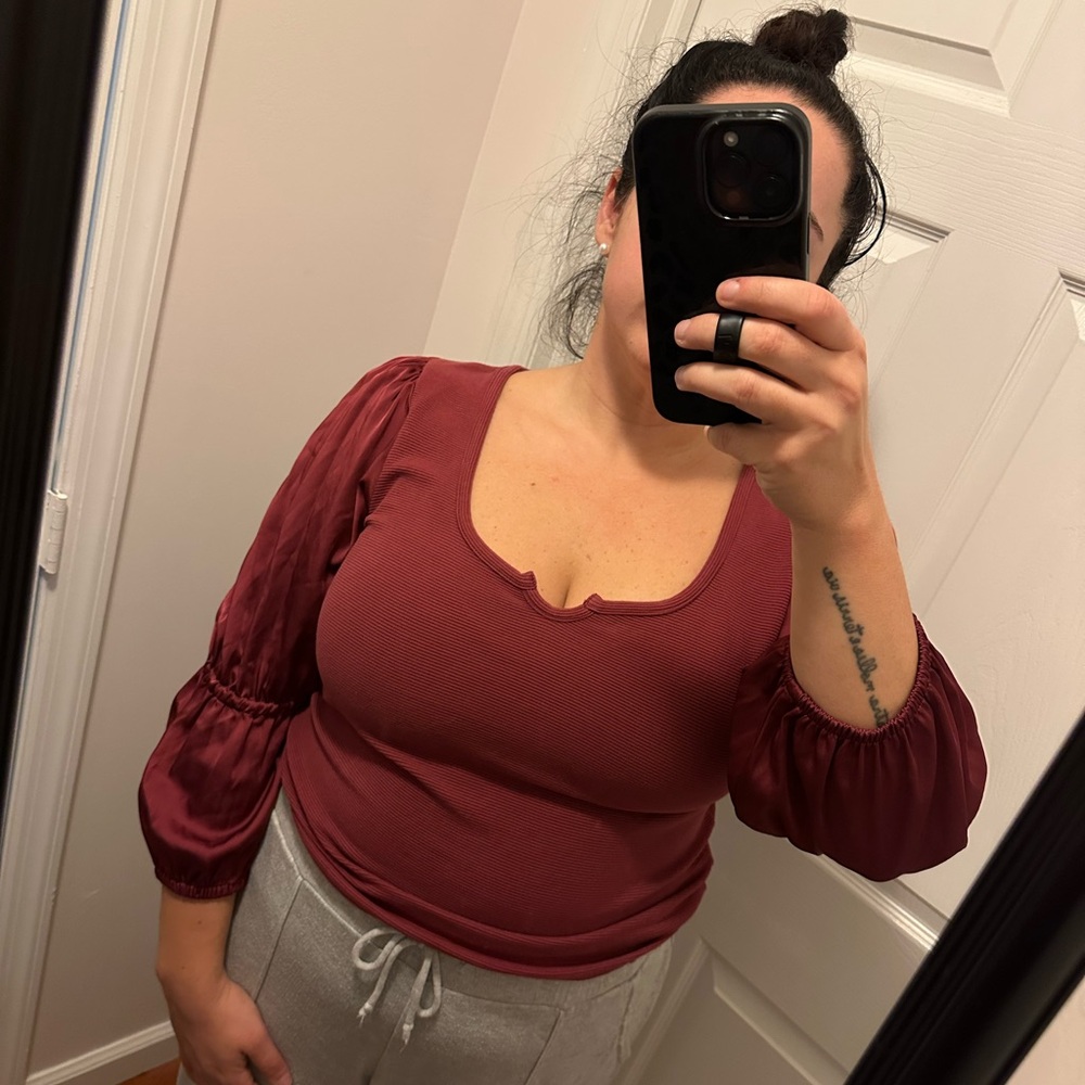 Anthropologie Deep Red Puff Sleeve Blouse